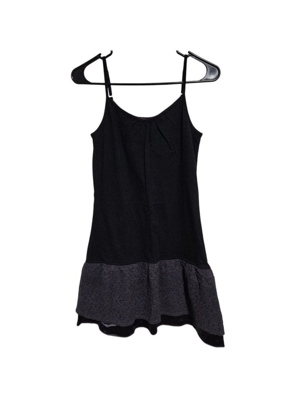 Black Sleeveless Dress Size Large Gray Eyelet Hem Spaghetti Strap Goth Grunge